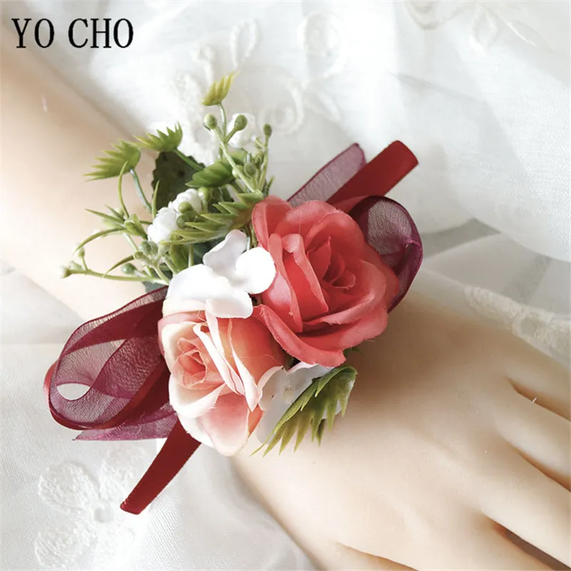 YO CHO-pulsera de boda para dama de honor, ramillete con flor de seda, alfileres, accesorios de boda