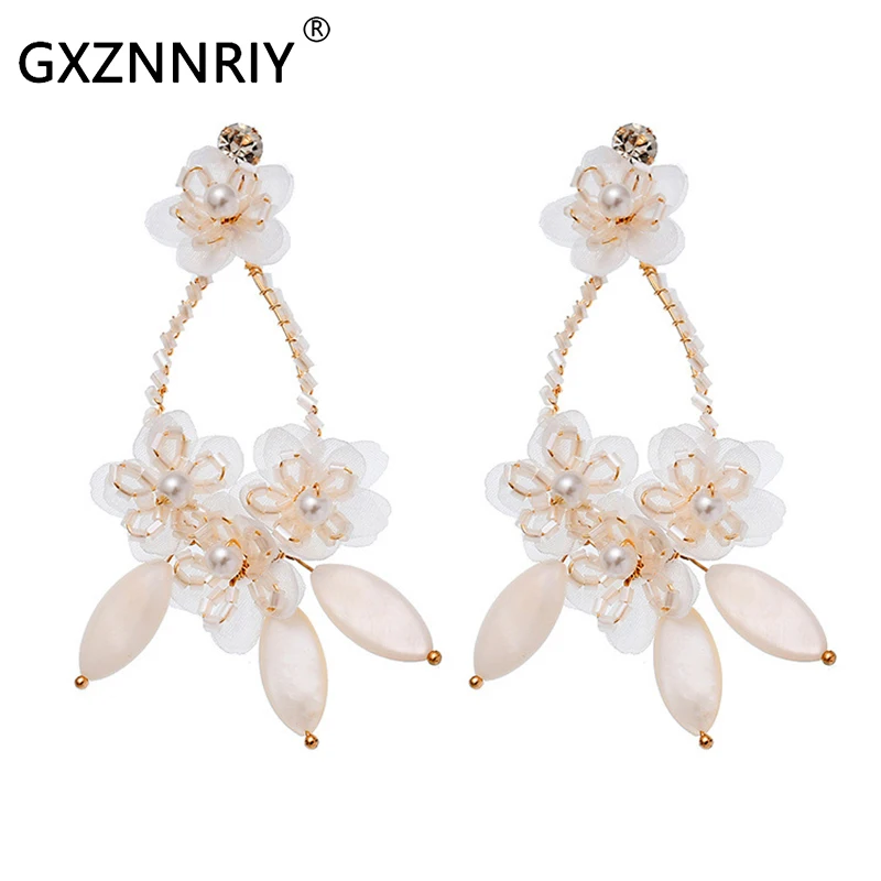 GXZNNRIY Handmade Flower Earrings for Women Accessories Bridal Wedding Shell Drop Earring Pearl 2021 Trendy Party Jewelry Gifts