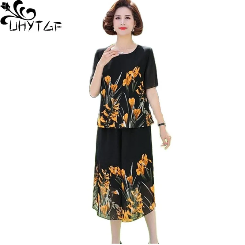 UHYTGF Mother Summer Two-Piece Sets Womens Fashion Printed Short-Sleeved Chiffon T-Shirt+Pants Thin Suits 5XL Loose Size Sets 6