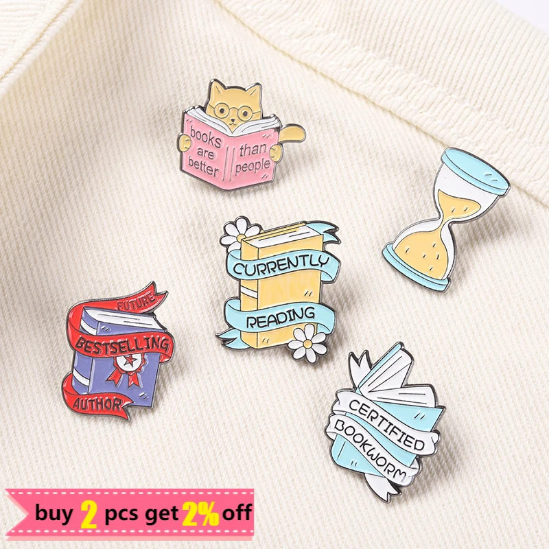 Funny Quote Book Enamel Pin Cartoon Brooches Hourglass Reader Bookworm Lapel Pins Badges Jewelry Gifts for Friends Wholesale