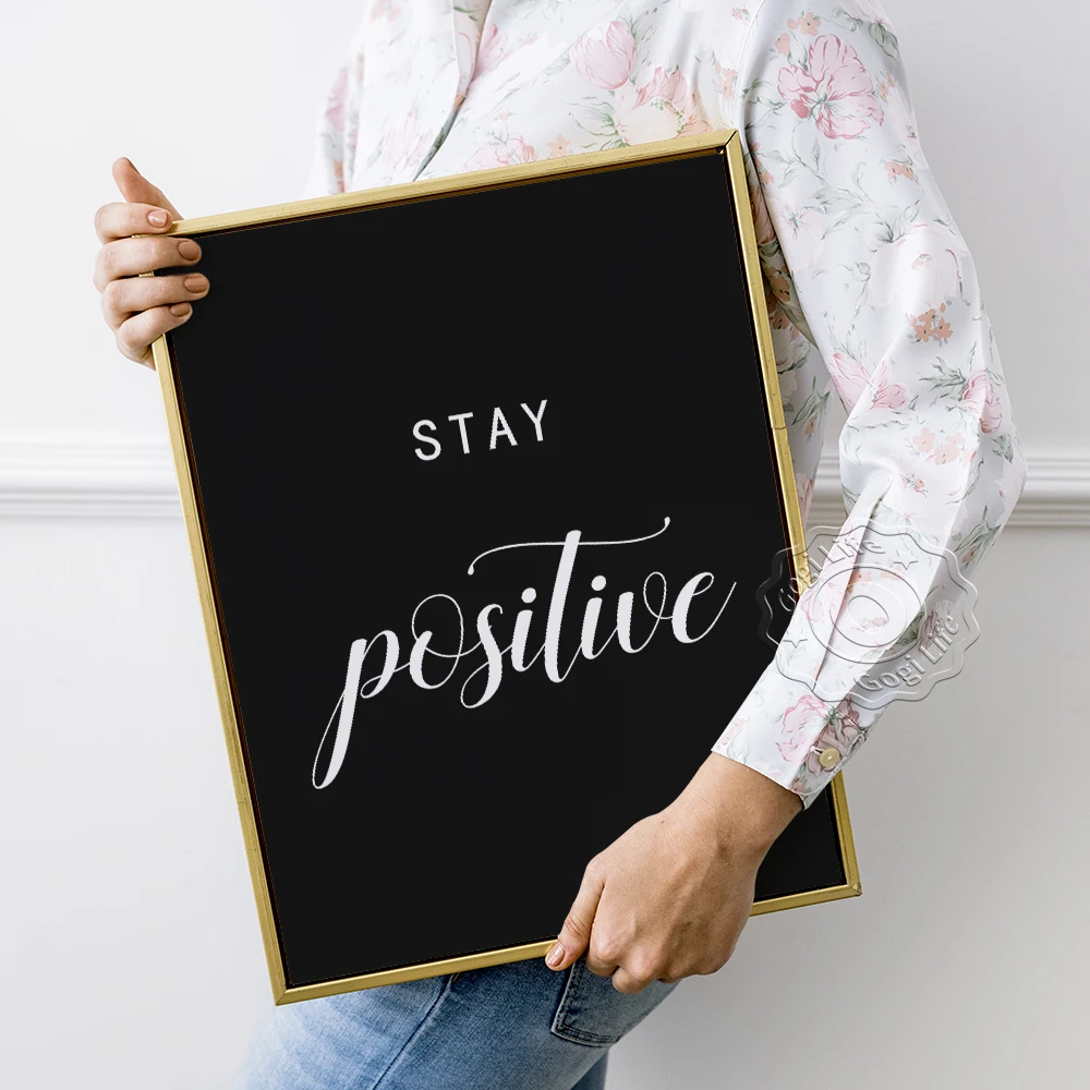 Stay Positive Curlicue Letters Black And White Poster, Smile At Life Wall Stickers, Encouraging Phrase Minimalism Home Art Decor