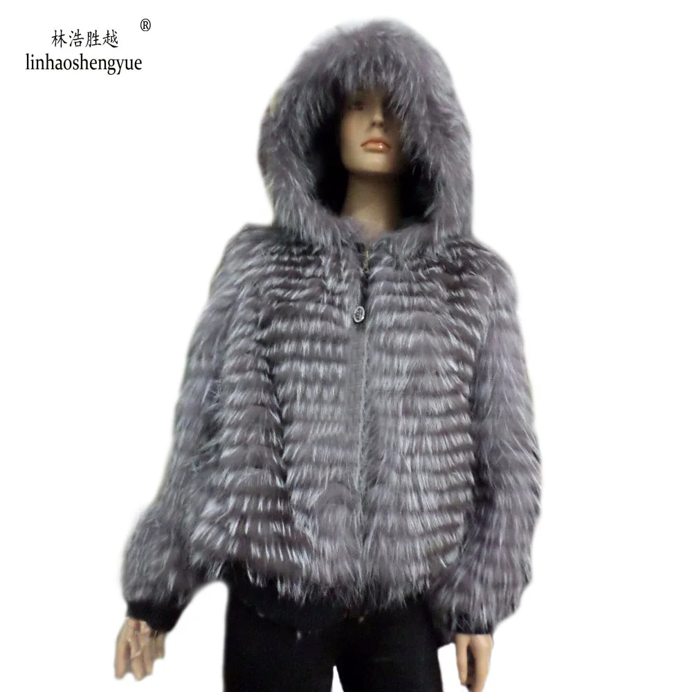 Linhaoshengyue Real Fox Fur  Coat  with Hooded Long-Sleeved  Coat