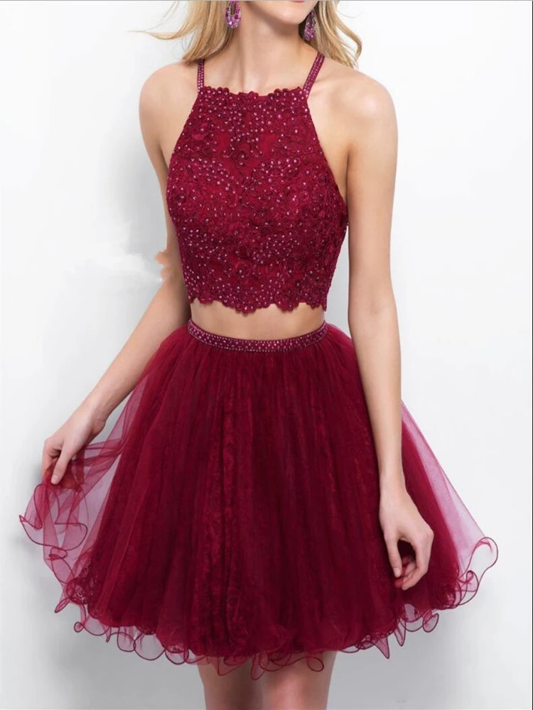 Burgundy Appliques Tulle Short Prom Dresses Beaded Piping Formal Party Gowns Two Pieces Homecoming Cocktail Dresses