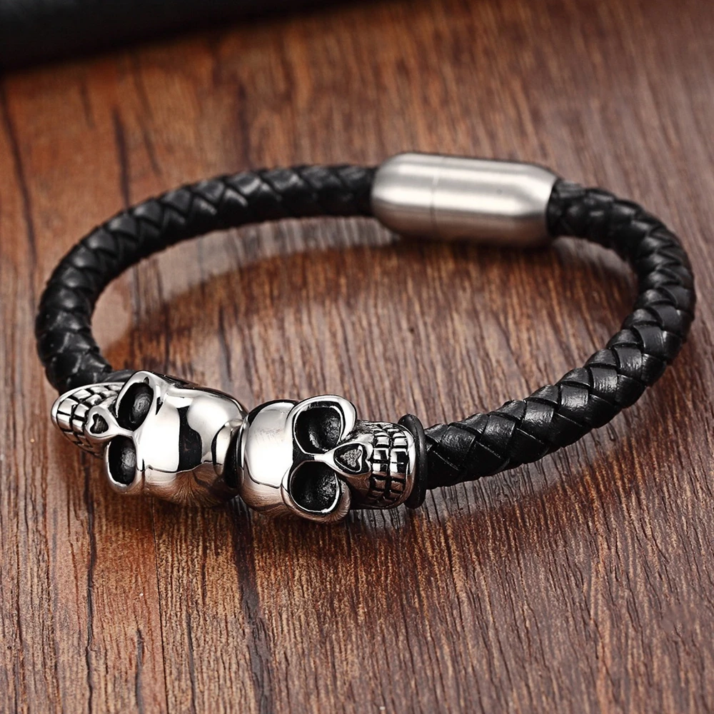 TYO New Fashion Black Braided Men Leather Bracelets Stainless Steel Cool Skull Bangles Jewelry Gift Wholesale Dropshipping