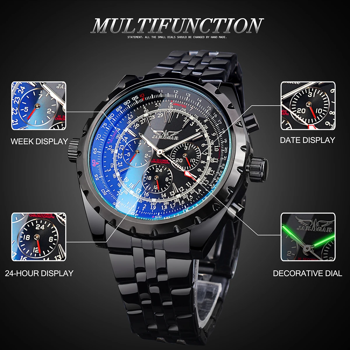 Jaragar Blue Glass Design Black Silver Automatic Watch Stainless Steel Date Clock Luminous Men Business Mechanical Wristwatch