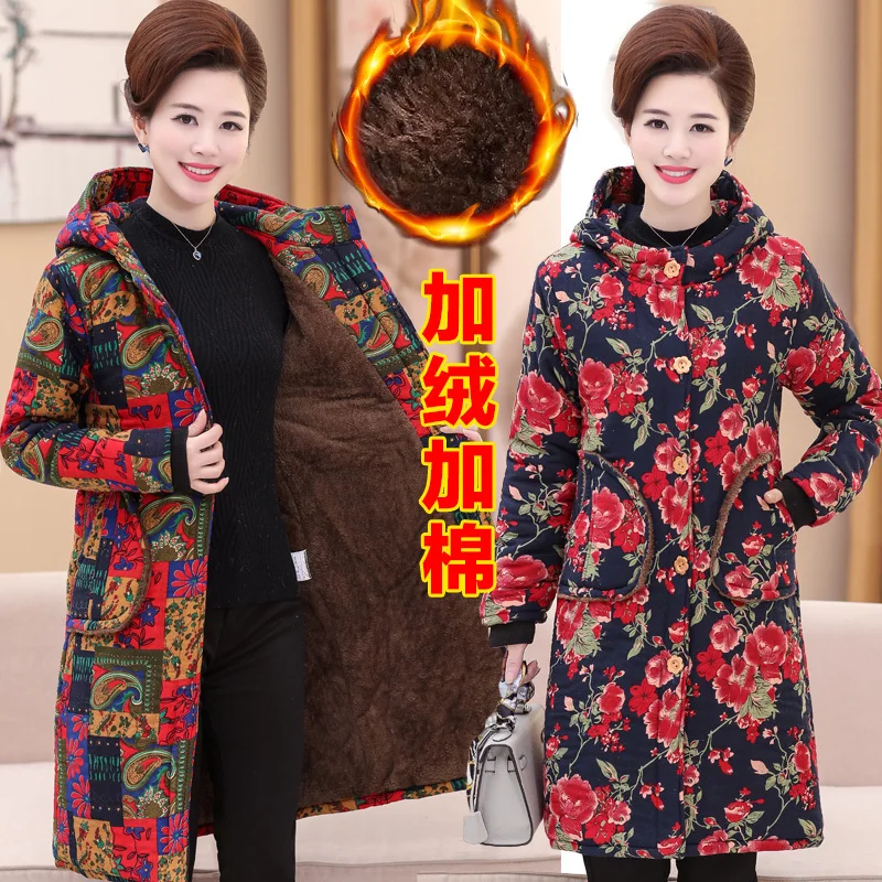 2022 Middle-aged and Elderly Women\'s Cotton Coat  Retro Single-breasted Hooded Plush Thick Warm Jacket Women Parka Outwear 6XL