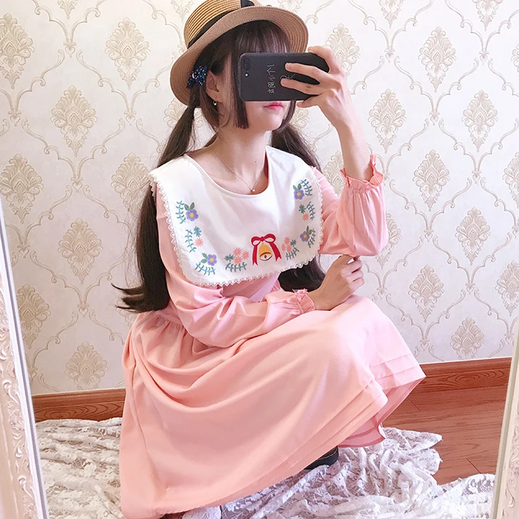 Mori soft girl fresh sweet lace bowknot embroidered square collar fungus high waist long sleeve dress victorian dress kawaii