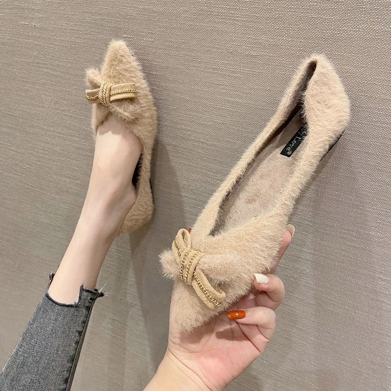 Furry Flats for Women Solid Color Bowknot Black Flat Heel Shoes Soft Sole Pointed Toe Size 32 33 34 44 45 46 Winter Flats Ladies