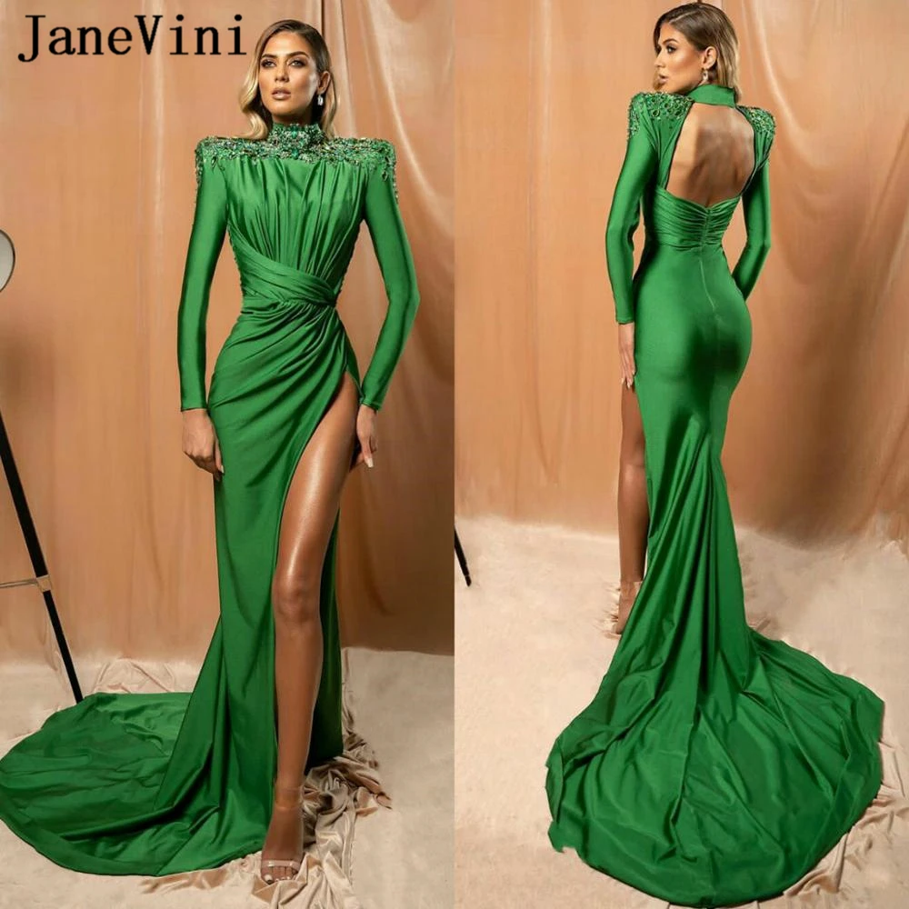 JaneVini Sexy Grüne Meerjungfrau Abendkleider 2020 High Neck Long Sleeves Perlen Side Split Satin Sweep Zug Formale Abendessen Kleider