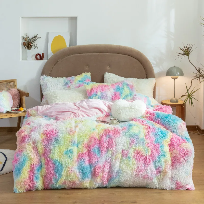 

Seven Colors Rainbow Fleece Fabric Winter Thick Warm Velvet Duvet Cover Bed Linen Fitted Sheet Pillowcases Bedclothes