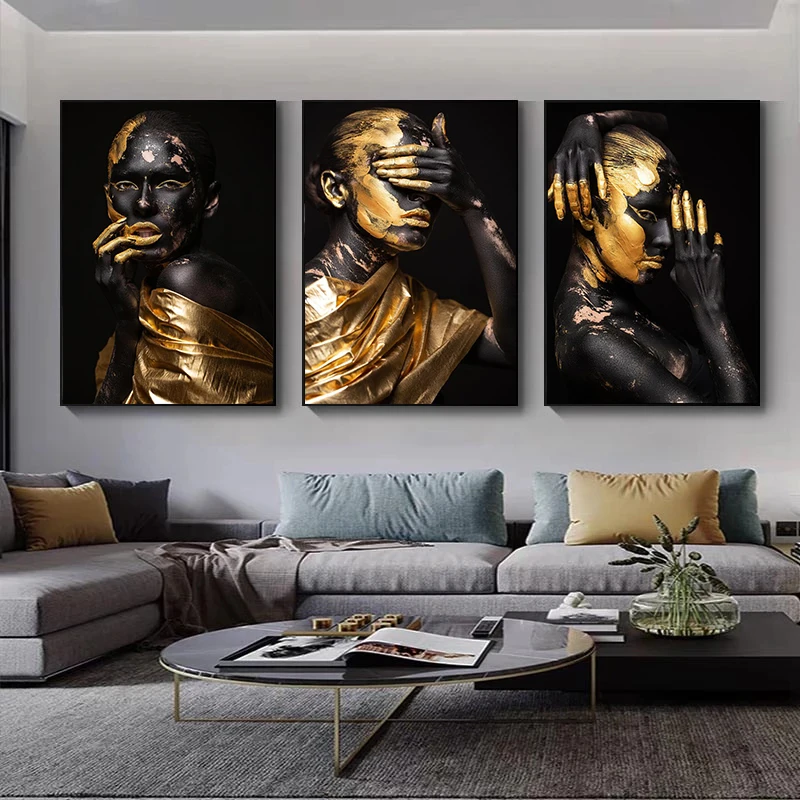 

Golden Makeup Black Women Canvas Painting African Model Girl Posters and Prints Abstract Wall Art Pictures for Living Room Decor