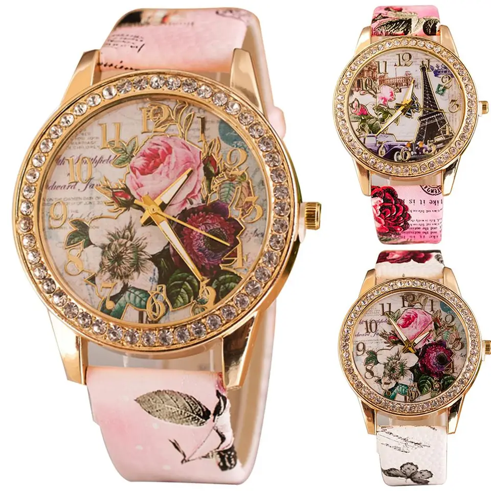 Y2K Iridescent Floral/rhinestone watch/leather band NEW BATTERY Women main image 2