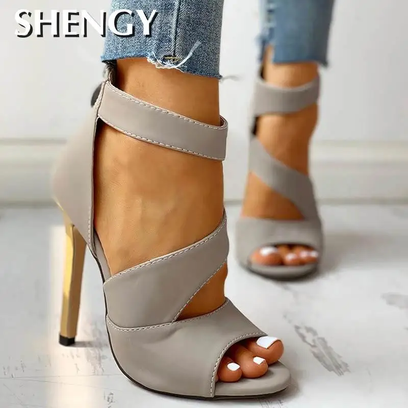 NEW Thin Heels Women Summer Thin High Heels Zipper Peep Toe Sandals Office Hollow Out Sandals Shoes Woman High Heels Party Pumps