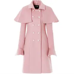 Cappotto mantello di lana doppiopetto di perle Vintage cappotto da donna slim rosa di media lunghezza