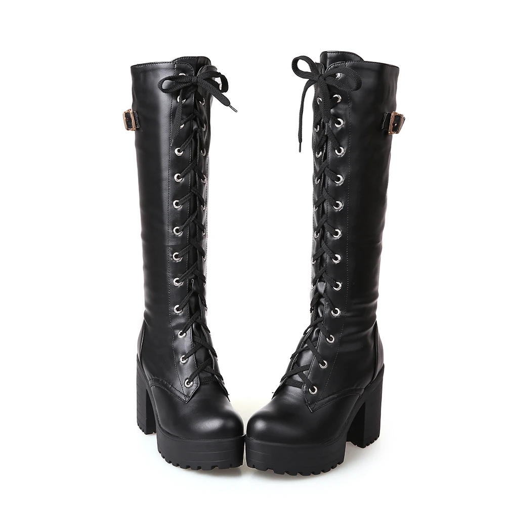 Women Boots Autumn Winter Warm Sexy New Fashion Lace-up Pu Knee-high Motorcycle Boots Black White Buckle High-heeled Shoes S-51