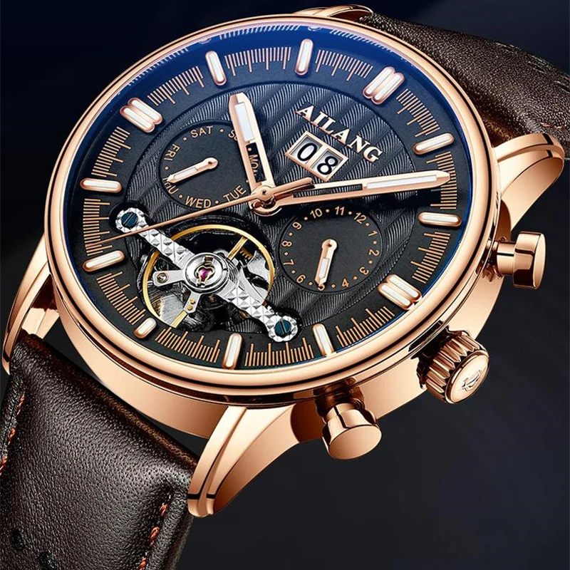 AILANG 2022 Fashion New Business Tourbillon Men Wristwatches Luminous Waterproof Rose Gold Case Leather Men Mechanical Watch 201