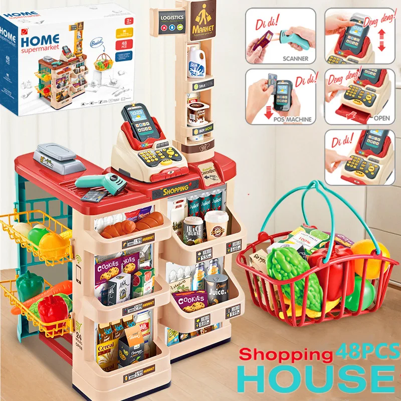 Toy For Girls Supermercado De Juguete Kids Cash RegisterHome Supermarket Cart Kitchen Cash Toys Machine 48pcs Shopping Brinquedo