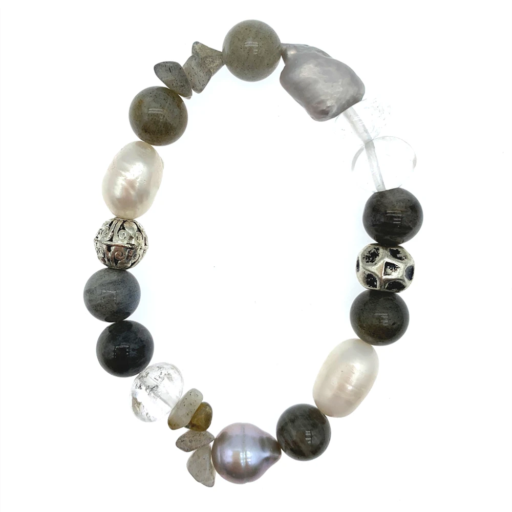 

FoLisaUnique Baroque Pearls Clear Quartz Labradorite Bracelet With Antique Silver Plated Beads Stretchy For Women Gift 7.5 Inch