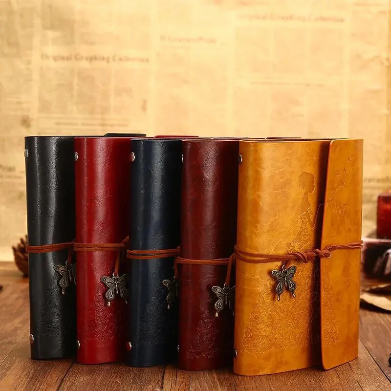 Vintage A6 Leather Spiral Six Hole Notebook 80 Sheets Kraft Paper Creative Butterfly Journal Planner Office School Stationery