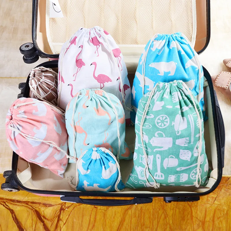 

Printed cotton linen drawstring bundle pocket small cloth bag sundry underwear storage bag travel gift bag