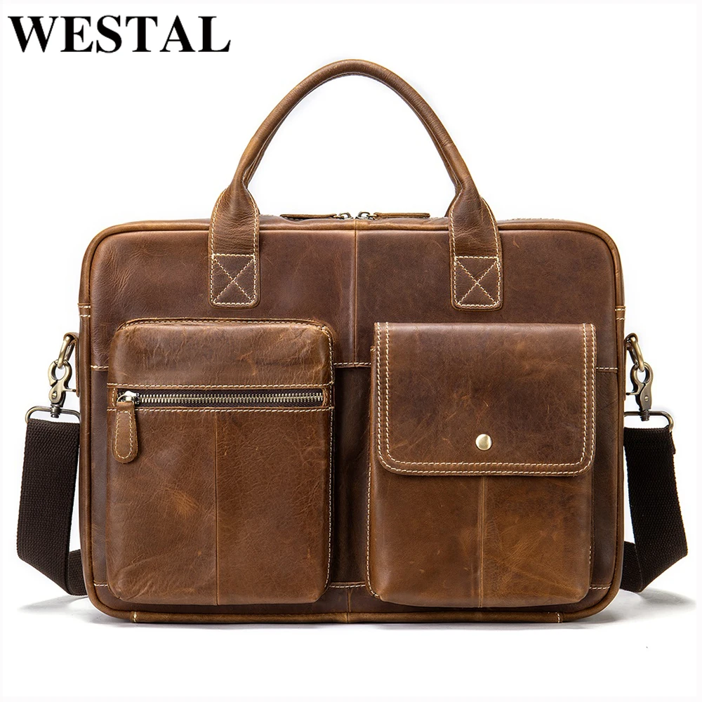 WESTAL Shoulder Bag Men Handbags Totes for Laptop 14 Zip Messenger Bag Man Leather Briefcases Bags Men Genuine Leather Bags 7212