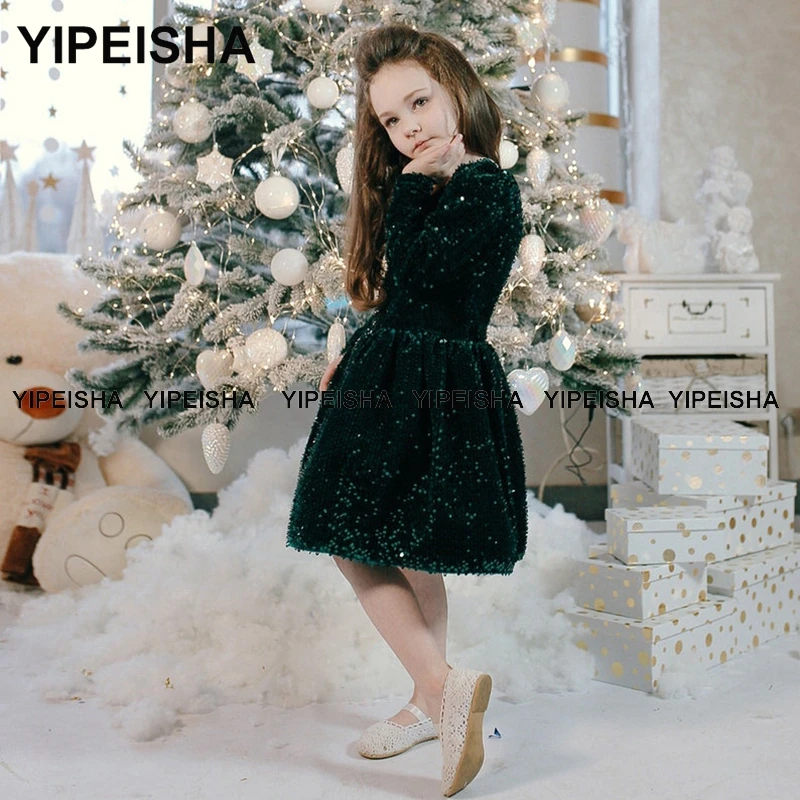 Yipeisha Jewel Lange Mouwen Kids Party Dress Green Sequin Nieuwe Jaar Jurk Knie Lengte Bloem Meisje Jurken Vestidos De Comunión