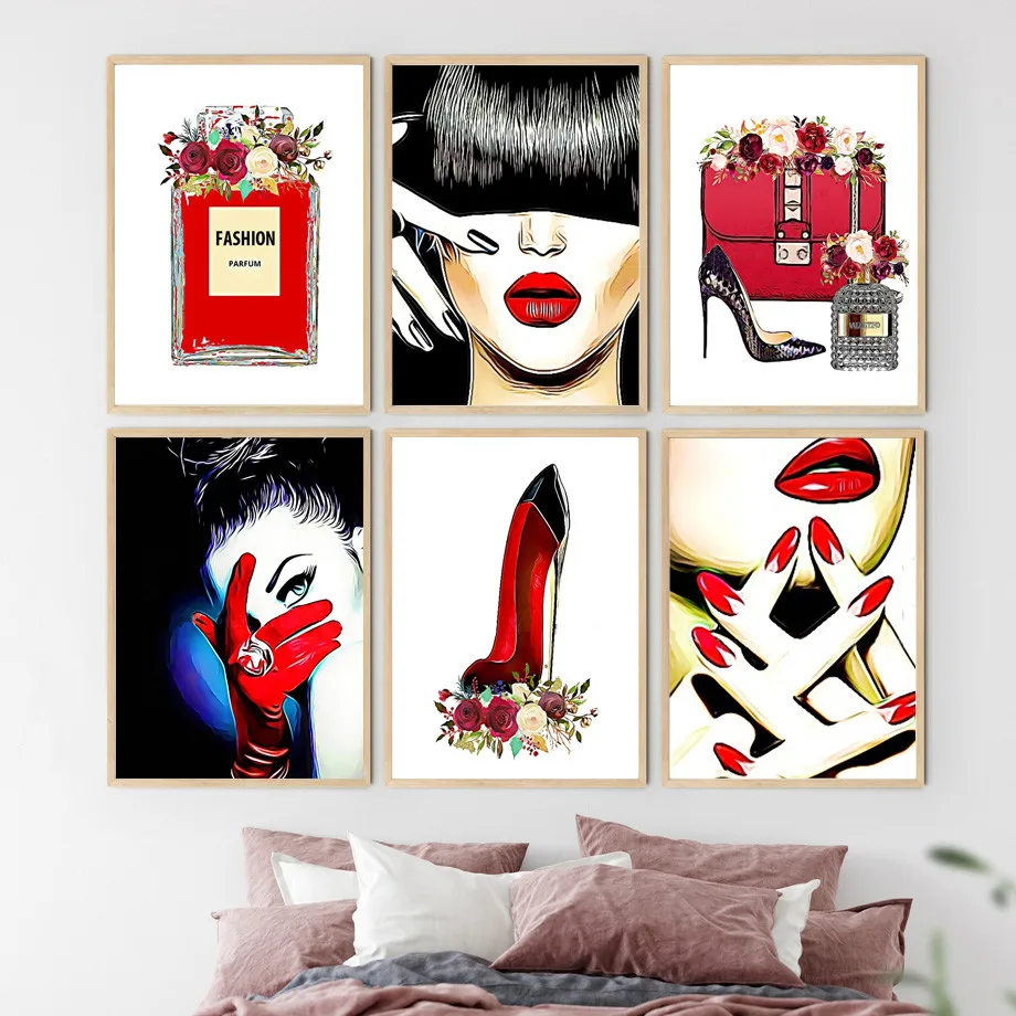 

Red Flower Perfume Paris Fashion Girl Handbag Wall Art Canvas Painting Nordic Posters And Prints Wall Pictures For Living Room