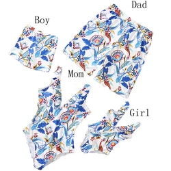 Family Matching Swimsuits Floral Printed Mom And Me Swimwear Women Girl Bathing Suits Men Boy Trunks Couples Holiday Beachwear