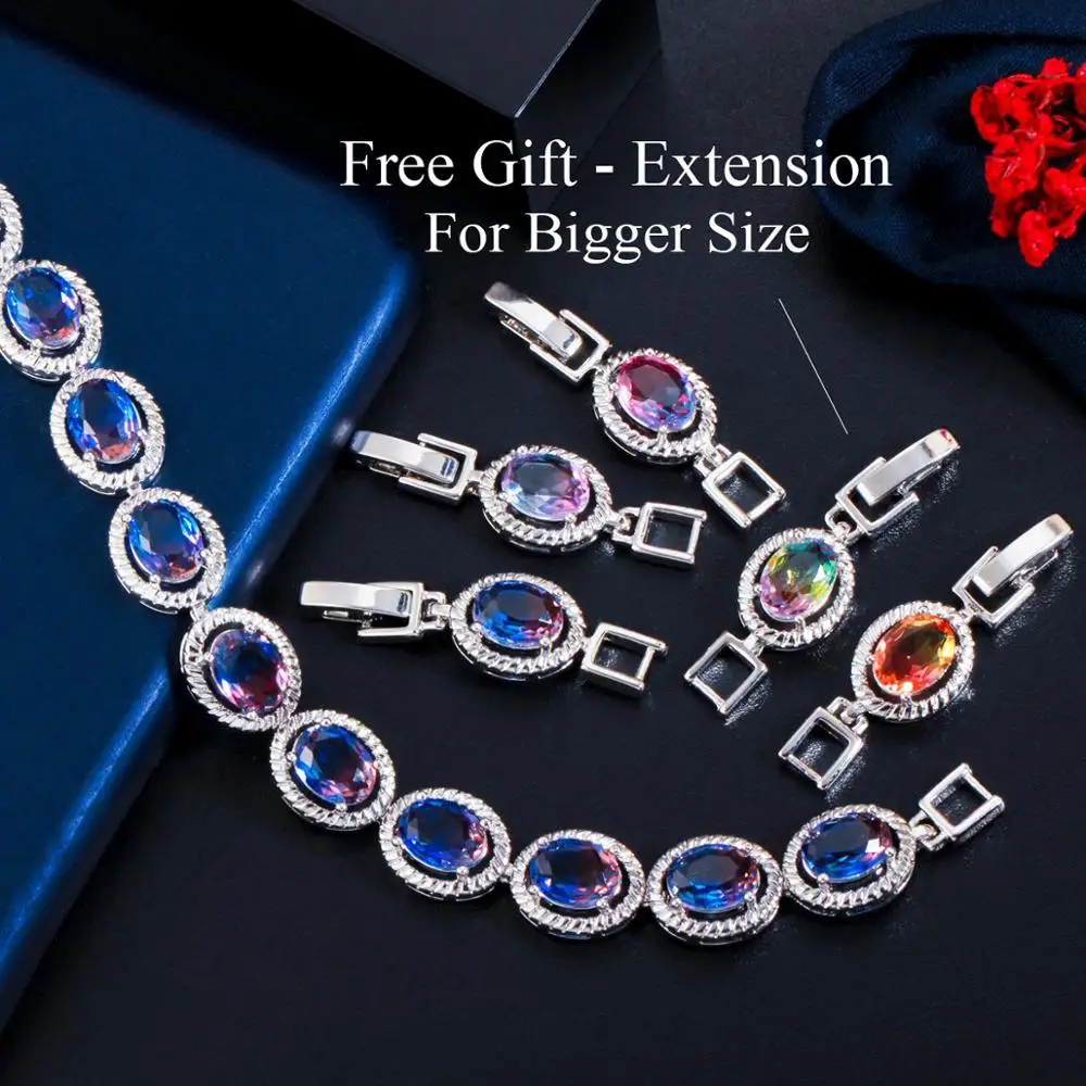 ThreeGraces Mystic Rainbow Cubic Zirconia Stone Silver Color Big Colorful Oval Link Chain Bracelets for Women Party Gift BR320