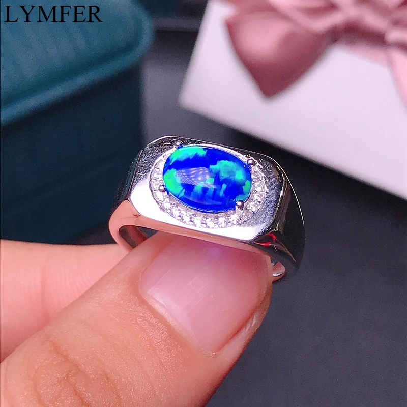 Natural Australian Opal men's ring blue fire color opal 925 sterling silver color beautiful