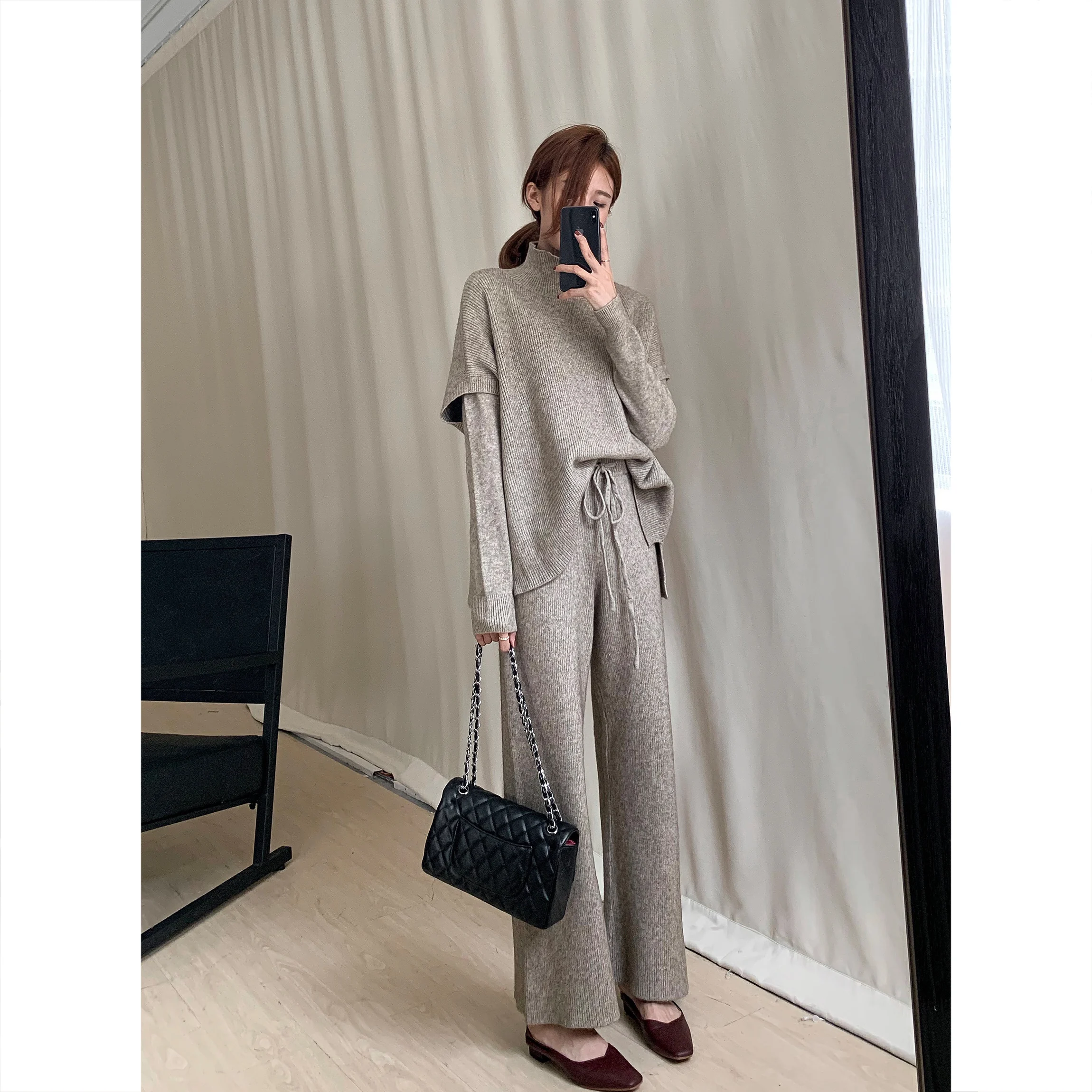 2019 Winter Women Sweater Suits and Sets Turtleneck Long Sleeve Knitted Sweaters Long Trousers 3 Pieces Set Winter