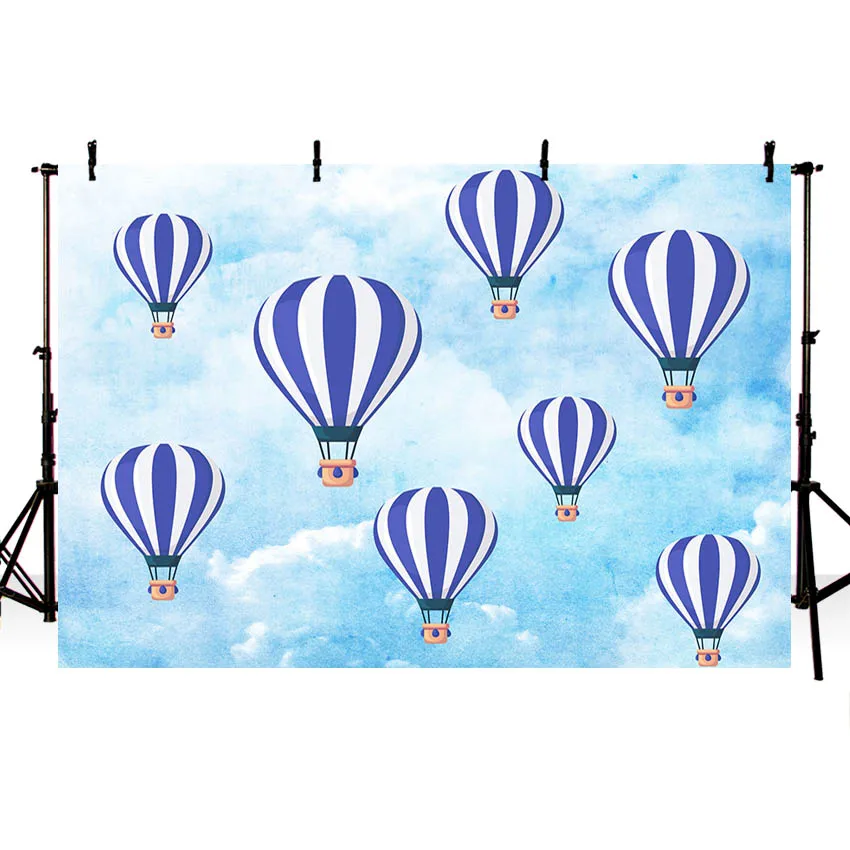 Mehofond-Fondo de fotografía con globo de aire caliente, telón de fondo con rayas azules, nubes, fiesta de cumpleaños, Baby Shower