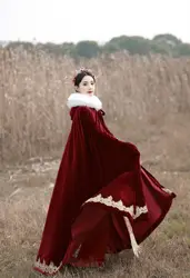 Winter Long Warm Bridal Wrap with Gold Embroidery Dark Red Wedding Cloak Velvet Cape for Bride