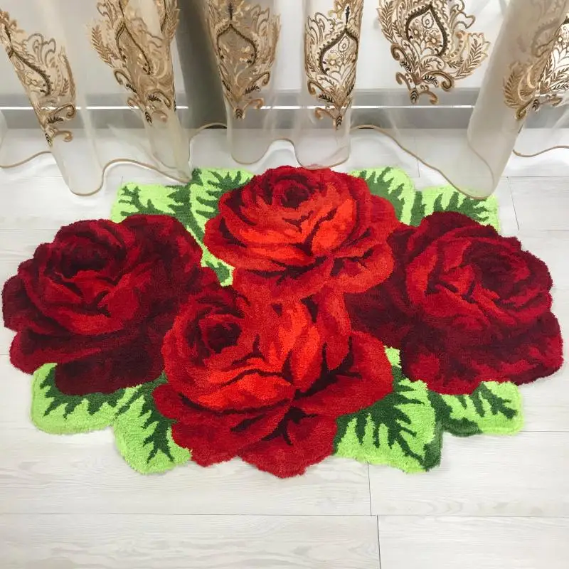 Romantic red blue pink yellow rose flocking rug mats for living room/bathroom/bedroom/wedding carpet handmade tufted floor rugs