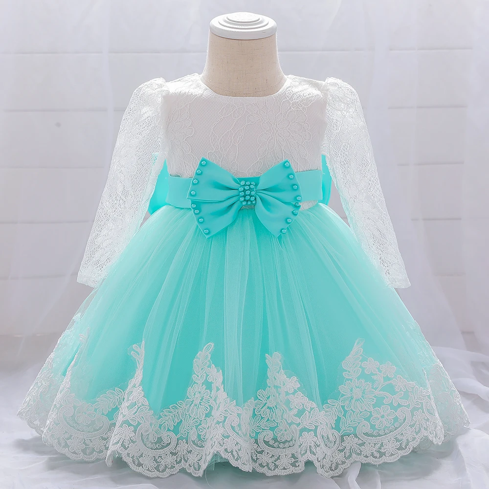 Elegant Long Sleeve Baby Girl Dresses Big Bow Party Wedding Girl Lace Dresses Infant Girl 1st Birthday Princess Baptism Costumes