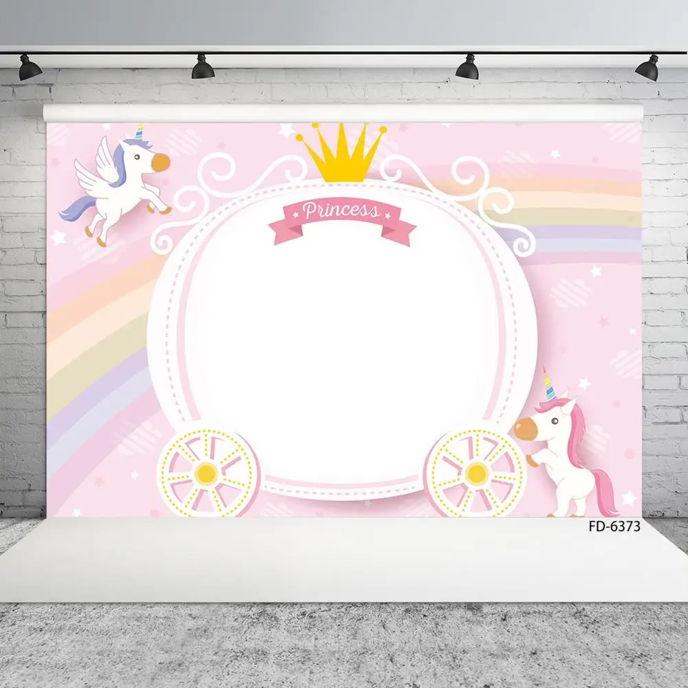 Unicorn Rainbow Princess Crown Photo Backdrop Vinyl Cloth Photography Background for Baby Shower Children Party Photobooth Props