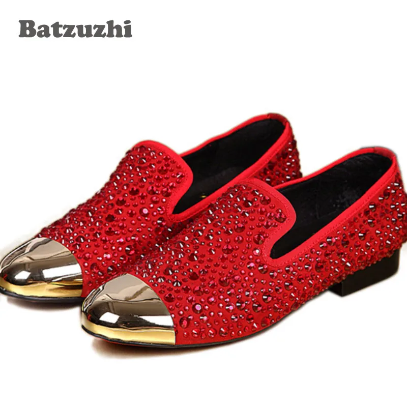 

Luxury Red Rhinestone Men Shoes Men Crystal Loafers Designer's Party Red Wedding Men Shoes Flats Erkek Ayakkabi Metal Tip