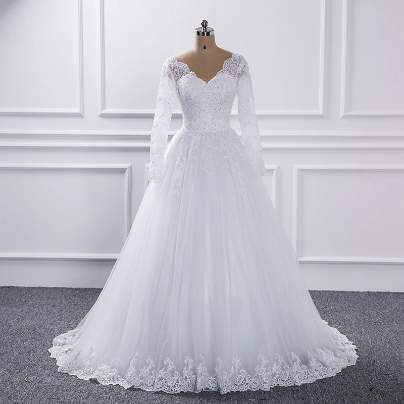 레이스 A 라인 V 넥 웨딩 드레스 2020 빈티지 신부 가운 등이없는 긴 소매 비즈 신부 드레스 Vestido De Novias 패션