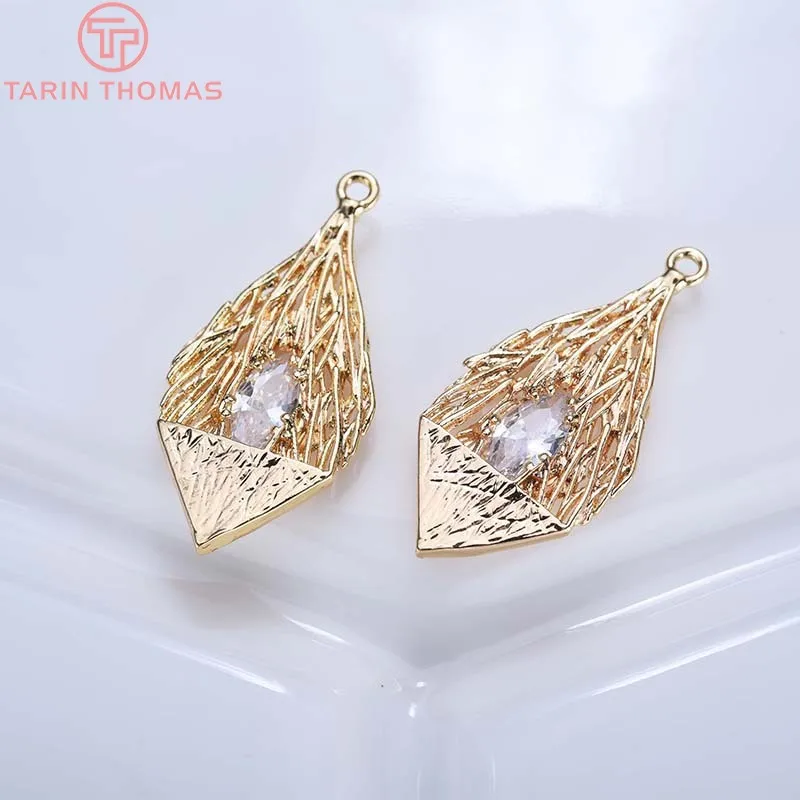 (581)4 Uds. De latón chapado en oro de 24K de 14x28MM con colgantes de gota de circón, accesorios de joyería Diy de alta calidad