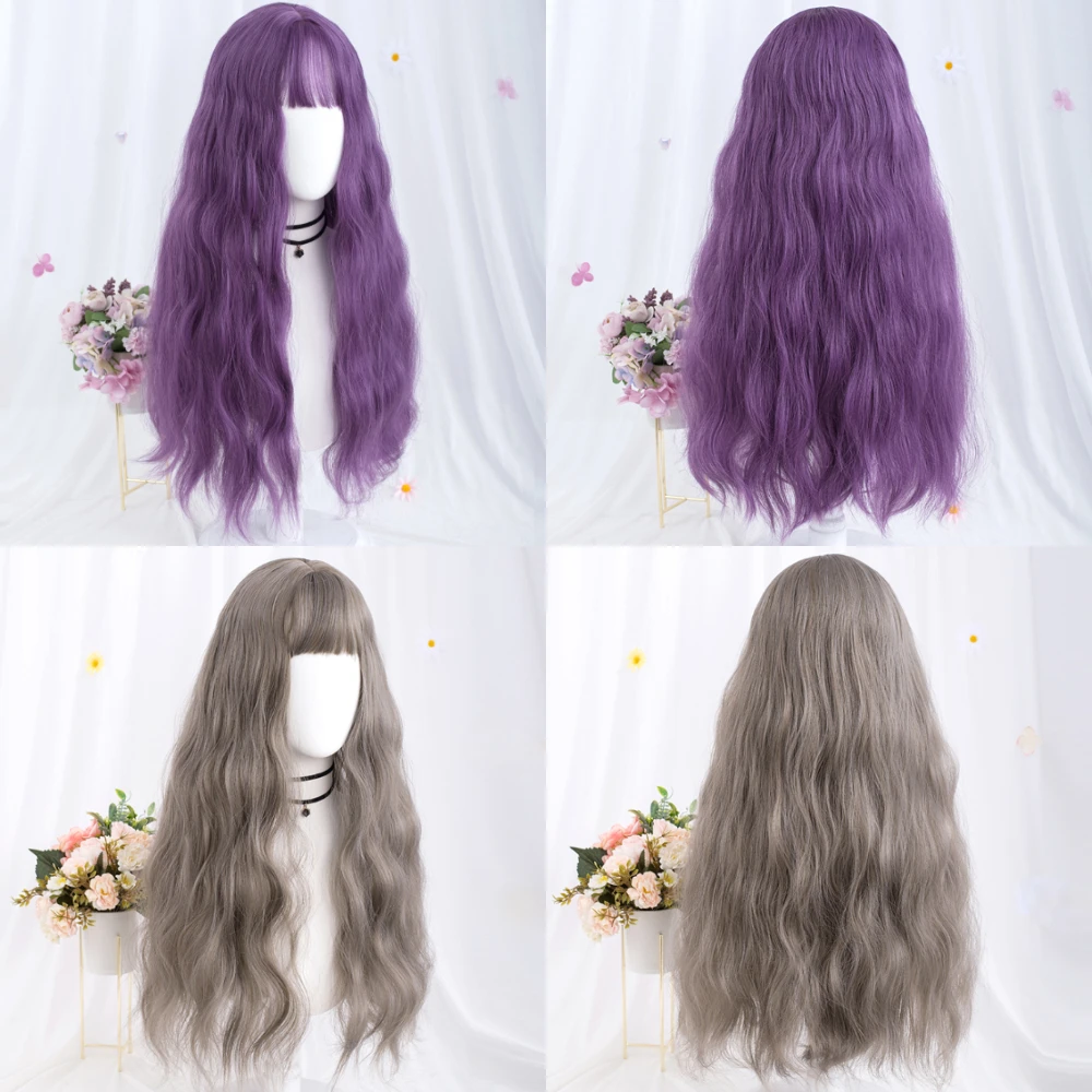 MSIWIGS Long Wavy Purple Cosplay Synthetic Wigs Lolita Halloween With Bangs for Women Party Dailly Heat Resistant Wig