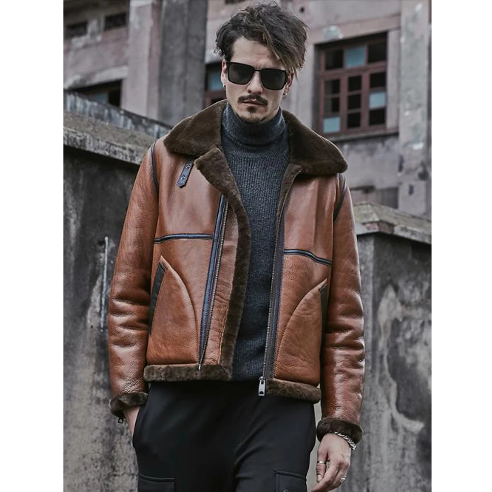 Denny&Dora New Mens Brown B3 Sheepskin Shearling Jacket Short Leather   Jacket Mens Fur Coat Bomber Jacket Short Winter Coats