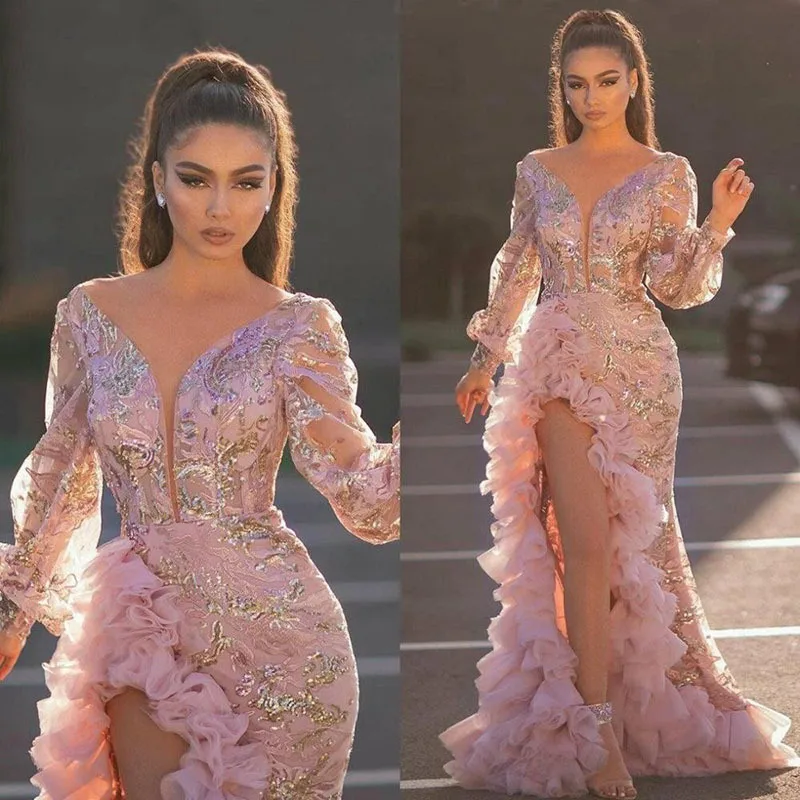 Suknie wieczorowe damskie eleganckie seksowne dekolt w serek Split Side Ruffles różowa sukienka nocna klubowa suknia ślubna długa, maksi sukienka Plus rozmiar