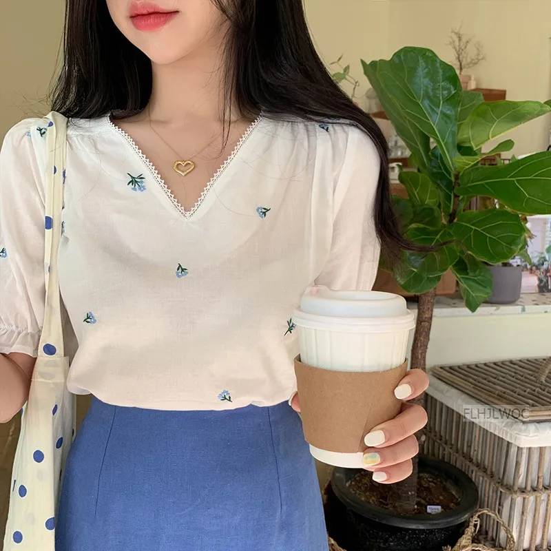 Cute Chic Tops Sweet Girls Holiday Date Wear Women Puff Sleeve Korea Japan Style Lolita Embroidery White Shirt Blouse Flhjlwoc