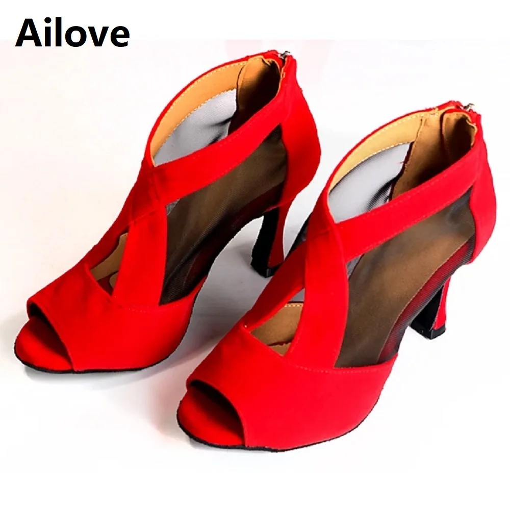 Women Ballroom Party Wedding Dance Shoes Red Latin Salsa Rumba Social Dancing Boots Suede and Mesh ALS045