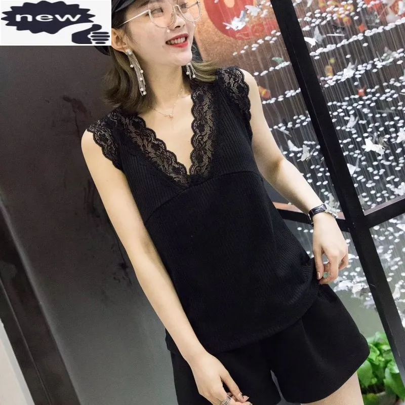 

Women Sleeveless Off Shoulder T-shirt Lace V-Neck Sexy Club Summer Tees Knitting Black Casual Plus Size 6XL Female Loose Fit Top