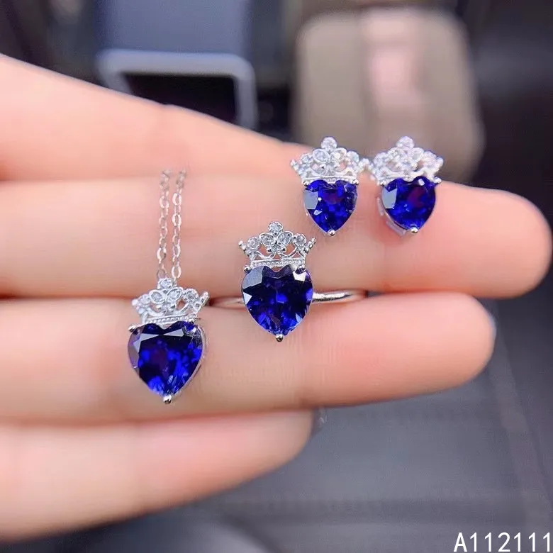 

Fine Jewelry 925 Pure Silver Inset With Natural Gem Women's Luxury Elegant Heart Sapphire Pendant Ring Earring Set Support Detec