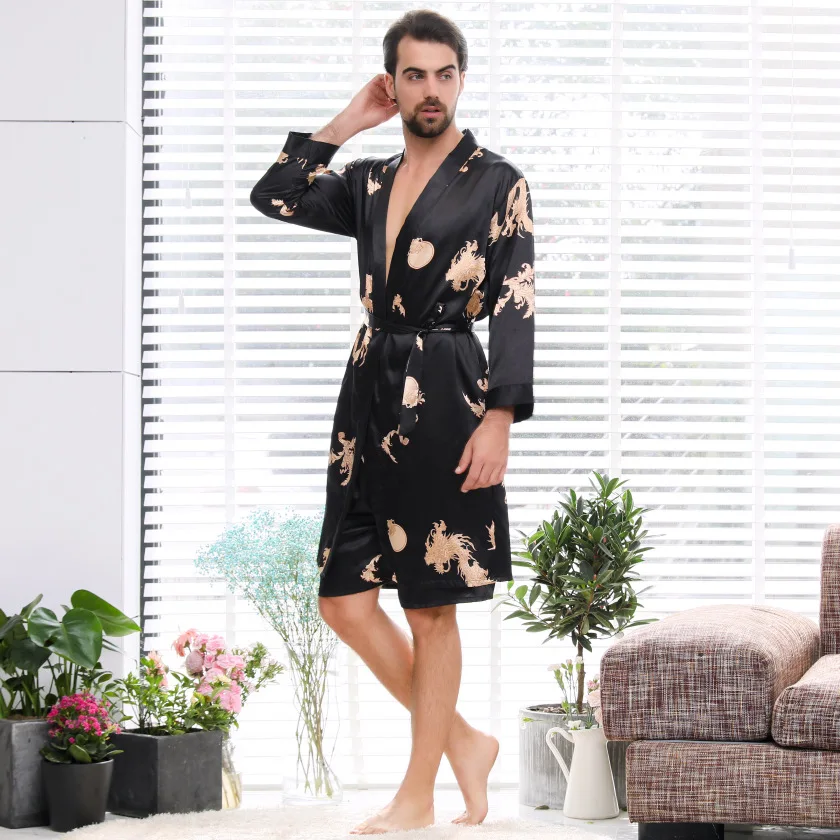 Rob-Conjunto de Kimono para hombre, ropa de dormir con cinturón elástico, traje de dos piezas de seda de dragón chino, pijama con pantalones cortos,