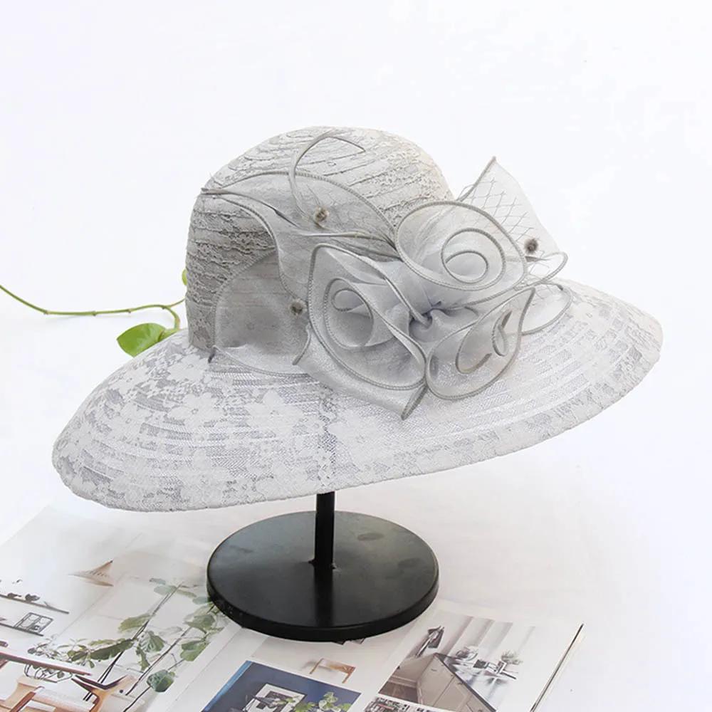 FS Summer Beige Lace Fascinator Hats Wide Brim Party Church Hat For Women Elegant Wedding Fedora Ladies Kentucky Derby Cap 2024