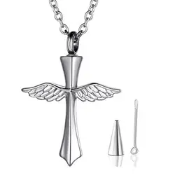 Funeral Angel Wings Cross Memorial Necklace Stainless Steel Urn Pendant Necklace For Ashes Cremation Keepsake Jewelry