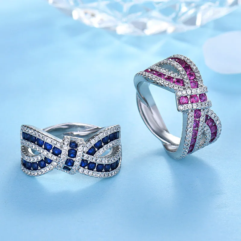 

Luxury Pink Blue CZ Crystal Bowknot Rings for Women Wedding Trendy Jewelry Dazzling CZ Stone Large Modern Rings Anillos